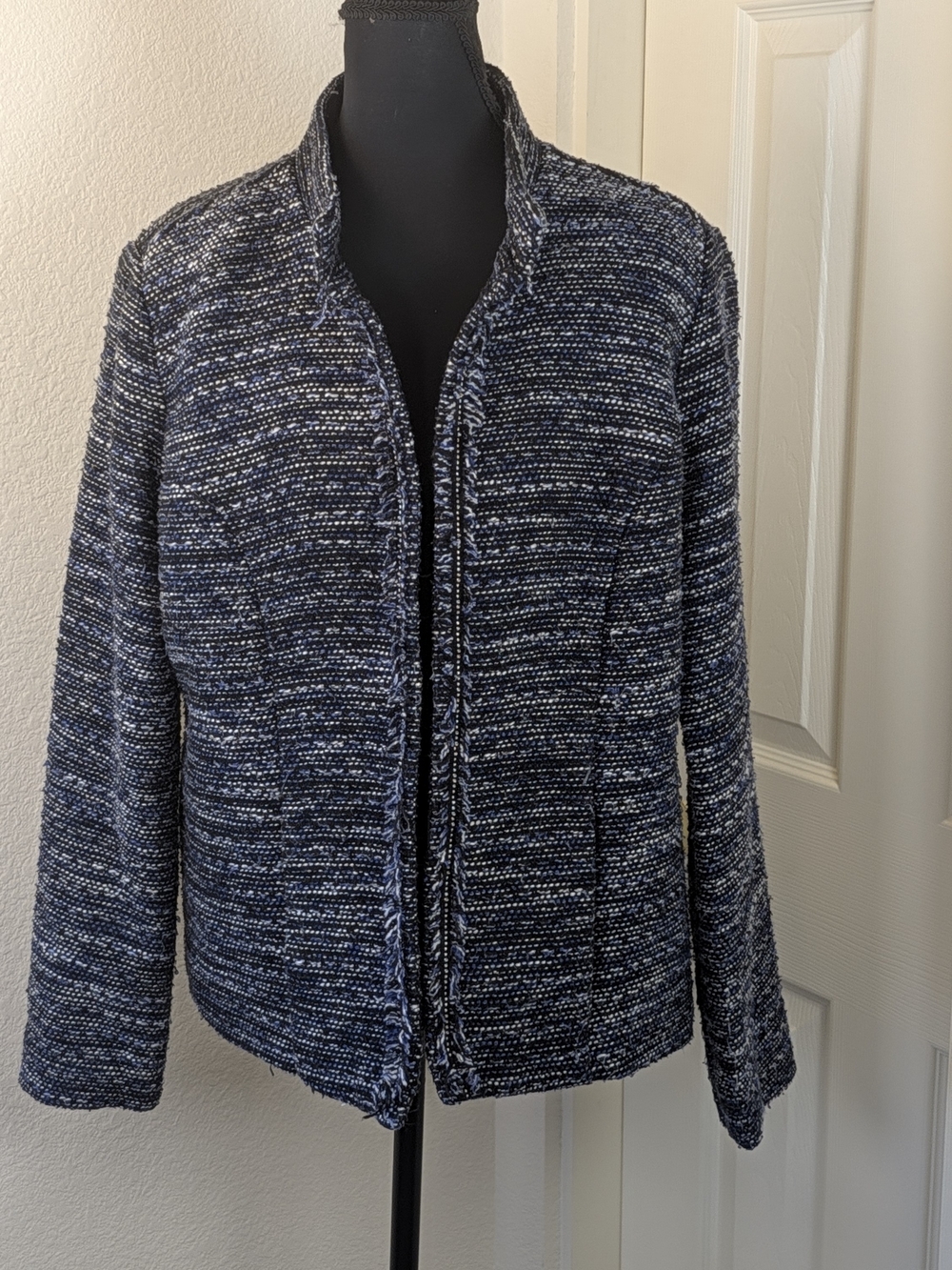 Christopher & Banks Tweed Open Front Blazer Jacket Blue Black White Size L